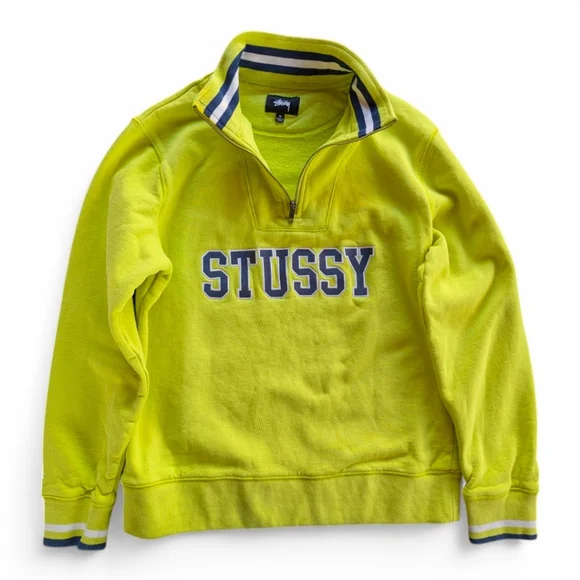 Stussy Contrast Rib Mock Neck Cotton Fleece Sweatshirt Men's Sz M Navy & Lime - Picture 16 of 16